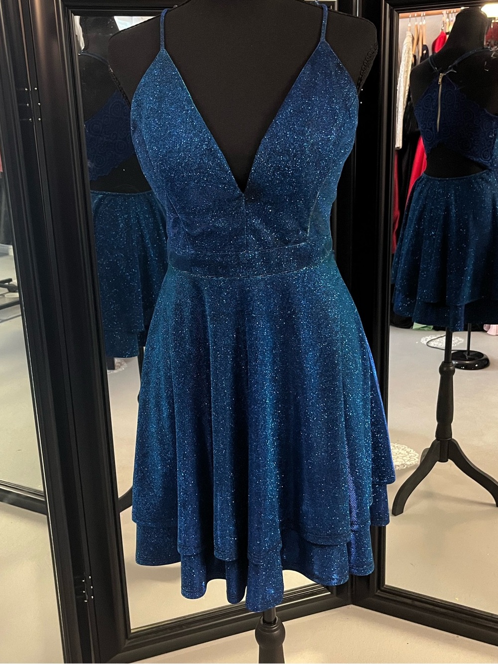 Honey and Rosie Glittery Electric Blue V-Neck Spaghetti Strap Prom Dress